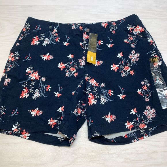 Lee Straight Fit Shorts Womens Size 14 Blue Floral Lightweight Flat Front Casual - Picture 1 of 8